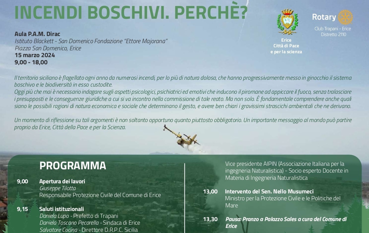 Venerdì 15 marzo 2024, ad Erice, il convegno “Incendi boschivi. Perché”