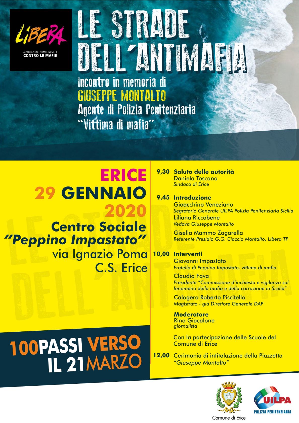 “100 passi verso il 21 marzo”: domani un incontro al Centro Sociale “Peppino Impastato” di Erice in memoria dell’agente Giuseppe Montalto, vittima di mafia