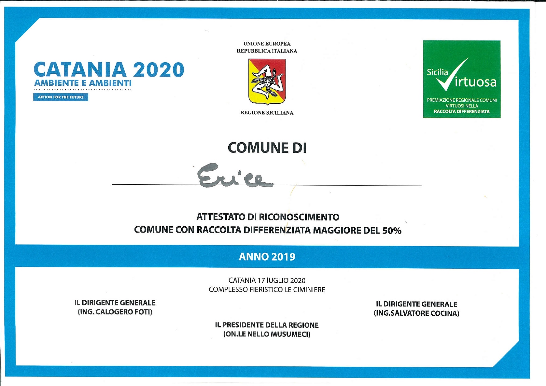 Comune di Erice tra i più virtuosi della Sicilia per la raccolta differenziata. Vice sindaco Mauro: «Orgogliosi per il riconoscimento, possiamo fare ancora meglio»